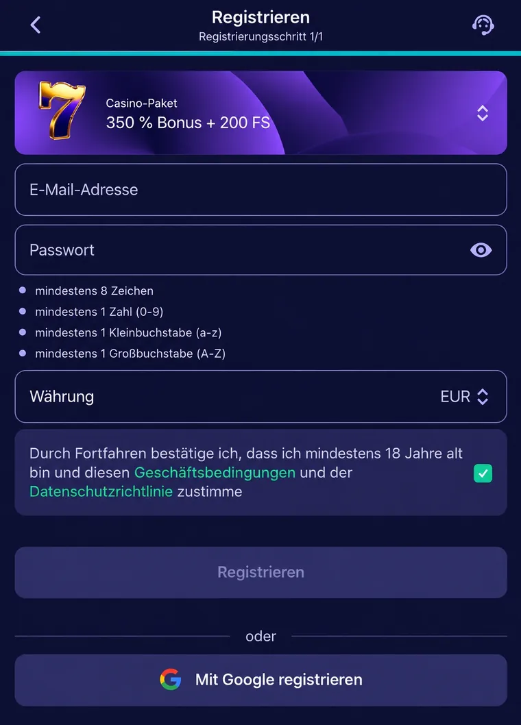 Registrierungsformular im BetMatch Casino mit E-Mail, Passwort und Währung